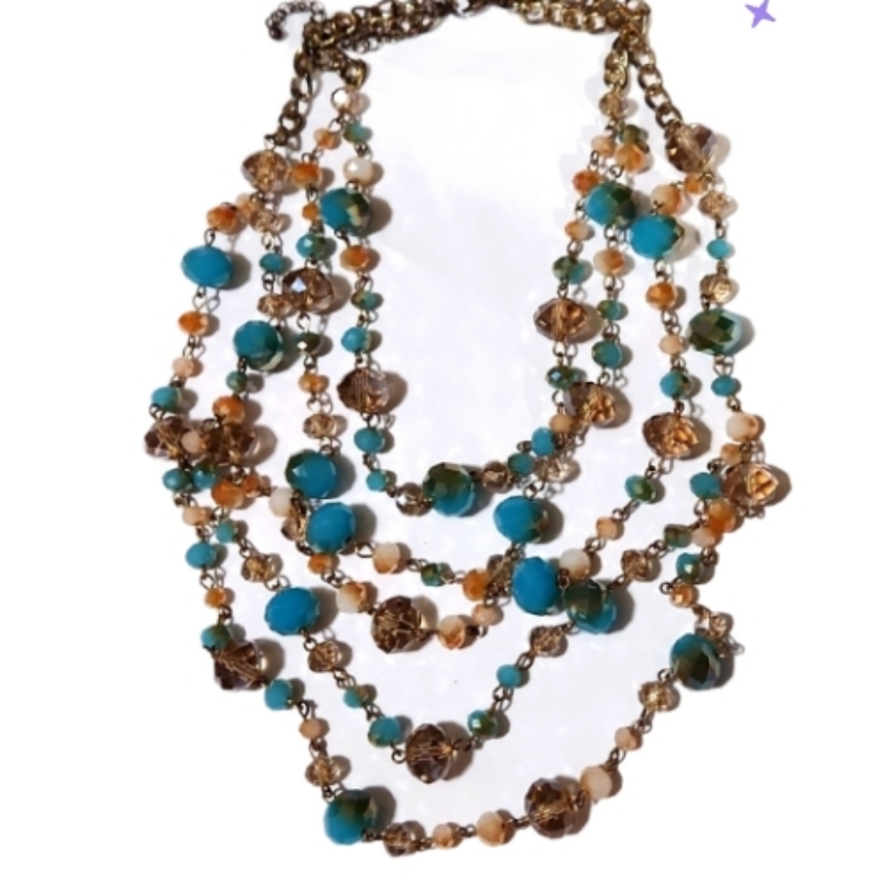 Champagne turquoise crystal bead necklace multi layered vintage